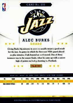 2012-13 Hoops - Glossy #233 Alec Burks Back