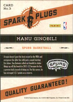 2012-13 Hoops - Spark Plugs #3 Manu Ginobili Back