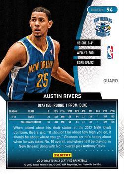 2012-13 Panini Totally Certified - Totally Blue #94 Austin Rivers Back