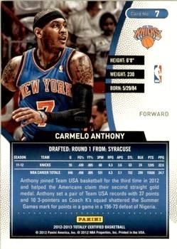 2012-13 Panini Totally Certified - Totally Gold #7 Carmelo Anthony Back