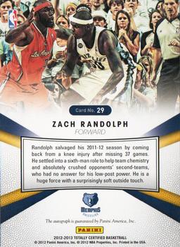 2012-13 Panini Totally Certified - Totally Red Signatures #29 Zach Randolph Back