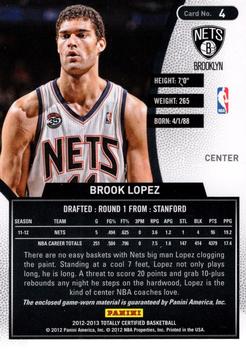 2012-13 Panini Totally Certified - Totally Red Memorabilia #4 Brook Lopez Back