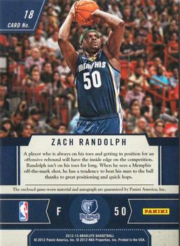 2012-13 Panini Absolute - Frequent Flyer Materials Autographs #18 Zach Randolph Back