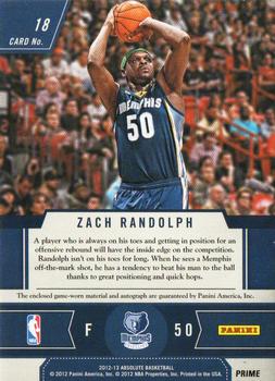 2012-13 Panini Absolute - Frequent Flyer Materials Autographs Prime #18 Zach Randolph Back