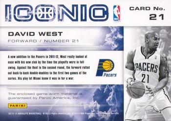2012-13 Panini Absolute - Iconic Materials #21 David West Back