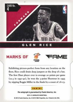 2012-13 Panini Absolute - Marks of Fame Autographs #4 Glen Rice Back