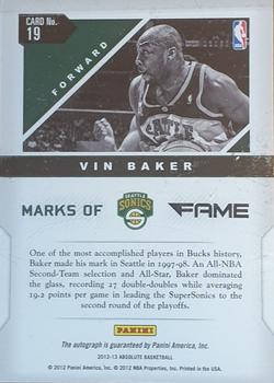 2012-13 Panini Absolute - Marks of Fame Autographs #19 Vin Baker Back