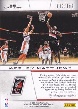 2012-13 Panini Limited - Lights Out Materials #36 Wesley Matthews Back