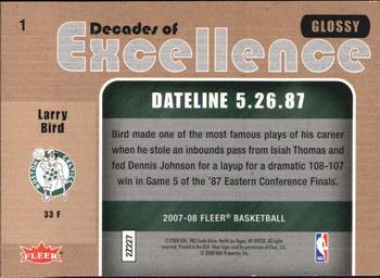 2007-08 Fleer - Decades of Excellence Glossy #1 Larry Bird Back