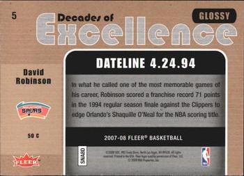 2007-08 Fleer - Decades of Excellence Glossy #5 David Robinson Back