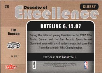 2007-08 Fleer - Decades of Excellence Glossy #20 Tim Duncan Back