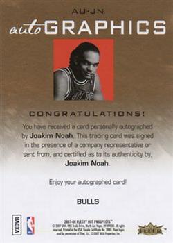2007-08 Fleer Hot Prospects - Autographics #AU-JN Joakim Noah Back