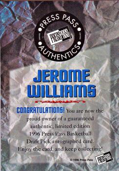 1996 Press Pass - Autographs #NNO Jerome Williams Back