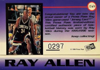 1996 Press Pass - Game-Used Jerseys #J 3 Ray Allen Back