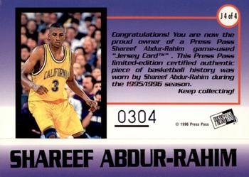 1996 Press Pass - Game-Used Jerseys #J 4 Shareef Abdur-Rahim Back