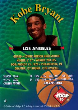 1996 Collector's Edge Rookie Rage #6 Kobe Bryant Back