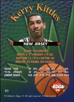 1996 Collector's Edge Rookie Rage #21 Kerry Kittles Back