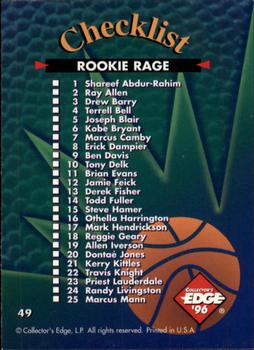 1996 Collector's Edge Rookie Rage #49 Checklist (1-25) Back