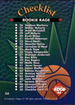 1996 Collector's Edge Rookie Rage #50 Checklist (26-50) Back