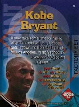 1996 Collector's Edge Rookie Rage - Radical Recruits Factory Set #3 Kobe Bryant Back