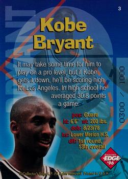 1996 Collector's Edge Rookie Rage - Radical Recruits Gold #3 Kobe Bryant Back