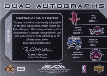 2007-08 UD Black - Autographs Quad #QAU-MJHB Yao Ming / LeBron James / Dwight Howard / Andrea Bargnani Back