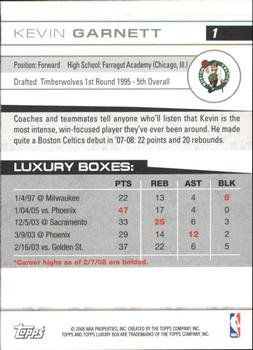 2007-08 Topps Luxury Box #1 Kevin Garnett Back