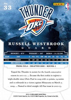 2012-13 Panini Brilliance #33 Russell Westbrook Back