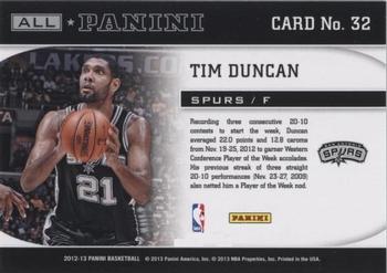2012-13 Panini - All-Panini #32 Tim Duncan Back