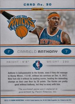 2012-13 Panini - Dress Code #30 Carmelo Anthony Back
