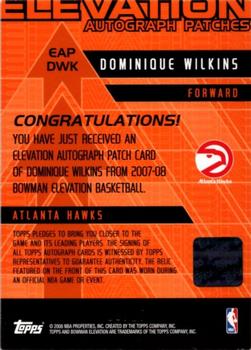 2007-08 Bowman Elevation - Autograph Patches #EAPDWK Dominique Wilkins Back