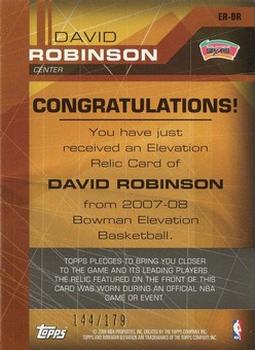 2007-08 Bowman Elevation - Relics #ER-DR David Robinson Back