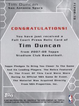 2007-08 Stadium Club - Full Court Press Relics Dual #FCPDR-TD Tim Duncan Back