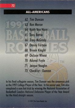 1997 Score Board Rookies #72 Tim Duncan Back
