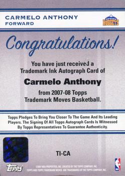 2007-08 Topps Trademark Moves - Ink #TI-CA Carmelo Anthony Back