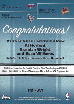 2007-08 Topps Trademark Moves - Triple Relics #TTR-HWW Al Horford / Brandan Wright / Sean Williams Back
