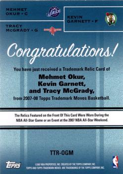 2007-08 Topps Trademark Moves - Triple Relics #TTR-OGM Mehmet Okur / Kevin Garnett / Tracy McGrady Back