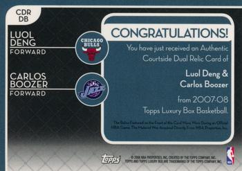 2007-08 Topps Luxury Box - Courtside Dual Relics #CDR-DB Luol Deng / Carlos Boozer Back