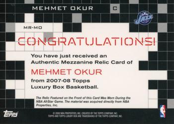 2007-08 Topps Luxury Box - Mezzanine Relics #MR-MO Mehmet Okur Back