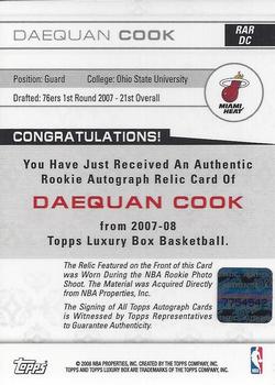 2007-08 Topps Luxury Box - Rookie Relics Autographs #RAR-DC Daequan Cook Back