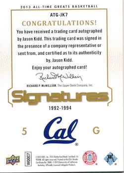 2013 Upper Deck All Time Greats - All-Time Greats Signatures Gold Spectrum #ATG-JK7 Jason Kidd Back