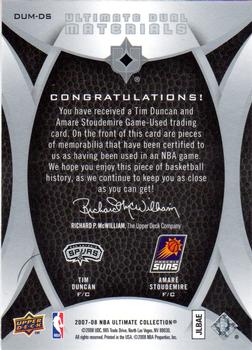 2007-08 Upper Deck Ultimate Collection - Ultimate Dual Materials #DUM-DS Tim Duncan / Amare Stoudemire Back