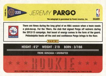 2012-13 Panini Past & Present - Signatures #220 Jeremy Pargo Back