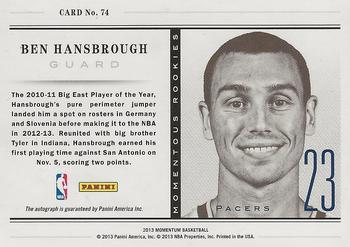 2012-13 Panini Momentum - Momentous Rookies Autographs #74 Ben Hansbrough Back