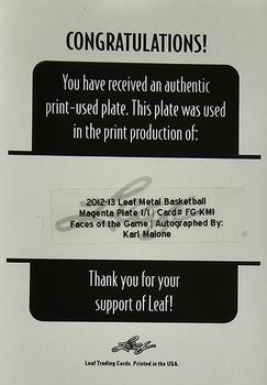 2012-13 Leaf Metal - Faces of the Game Printing Plates Magenta #FG-KM1 Karl Malone Back