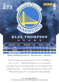 2012-13 Panini Brilliance - Above and Beyond #271 Klay Thompson Back