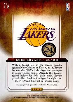 2012-13 Panini Brilliance - Marks of Brilliance #12 Kobe Bryant Back
