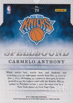 2012-13 Panini Brilliance - Spellbound #72 Carmelo Anthony Back