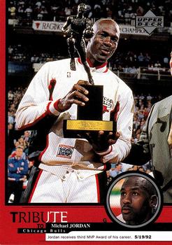 1999 Upper Deck Tribute to Michael Jordan #11 Michael Jordan (Third MVP Award of his career 5/19/92) Front