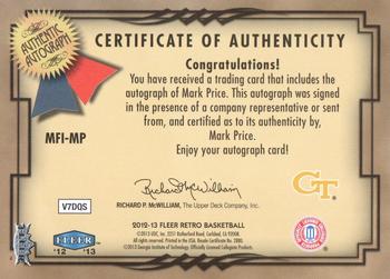 2012-13 Fleer Retro - 99-00 Mystique Fresh Ink #MFI-MP Mark Price Back